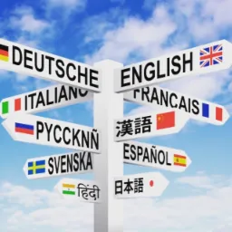 Drogowskaz z nazwami języków i flagami, sugerujący usługi tłumaczeniowe w Kielcach.