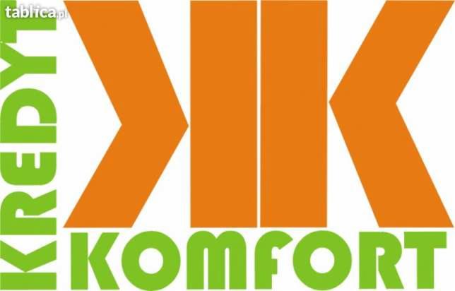 Graficzne logo firmy z napisem 'KREDYT' w kolorze zielonym i 'KOMFORT' również w kolorze zielonym, z pomarańczowymi elementami graficznymi tworzącymi literę 'K'.