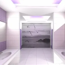 Wizualizacja łazienki w odcieniach fioletu i bieli, z fototapetą z motywem morskim i mewami, podwójna umywalka z minimalistyczną armaturą, oświetlenie LED w suficie.