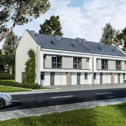 Wizualizacja szeregu nowoczesnych domów z szarymi dachami, otoczonych zielenią i z samochodami na podjeździe.