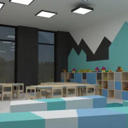 Wizualizacja przestronnej sali przedszkolnej z drewnianymi stolikami i krzesłami, regałami na zabawki oraz geometrycznymi dekoracjami na ścianach w odcieniach błękitu i szarości. Na stolikach...