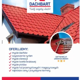 Reklama firmy Dachbart z czerwonym dachem, kominem i hasłem 'Twój czysty dach!', oferującej czyszczenie rynien i inne usługi, z gwarancją satysfakcji i danymi kontaktowymi.