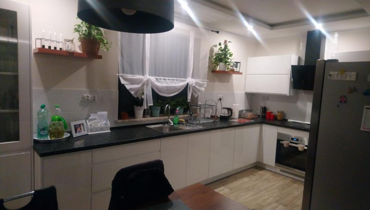 Jasna kuchnia z białymi frontami szafek, czarnym blatem i drewnianą podłogą. Na blacie widoczne akcesoria kuchenne, a na półkach nad oknem i obok rośliny doniczkowe.