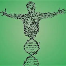 Abstrakcyjna grafika przedstawiająca sylwetkę człowieka i strukturę DNA, utworzone z czarnych i szarych kropek na zielonym tle.