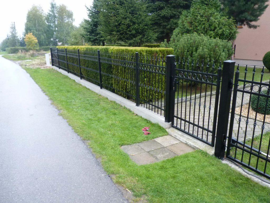 Czarny, metalowy płot z bramą na posesji z równo przystrzyżonym trawnikiem, widok z boku, z perspektywy drogi.