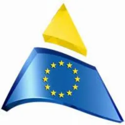 Graficzne logo z motywem flagi Unii Europejskiej i żółtym trójkątem, stylizowane na trójwymiarowe elementy.