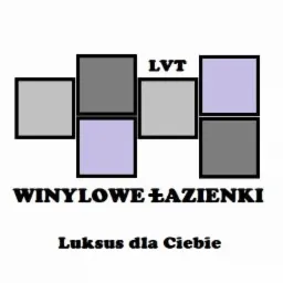 Grafika reklamowa z napisem 'WINYLOWE ŁAZIENKI Luksus dla Ciebie', prezentująca mozaikę kwadratów w odcieniach szarości i fioletu, z wyraźnym napisem 'LVT' u góry.