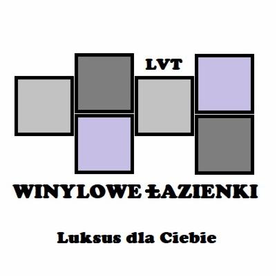 Grafika reklamowa z napisem 'WINYLOWE ŁAZIENKI Luksus dla Ciebie', prezentująca mozaikę kwadratów w odcieniach szarości i fioletu, z wyraźnym napisem 'LVT' u góry.