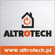 Logo firmy Altrotech z symbolem domu i przyciskiem włączania w kolorze pomarańczowym, na szarym tle. Na dole pomarańczowy pasek z adresem strony internetowej.
