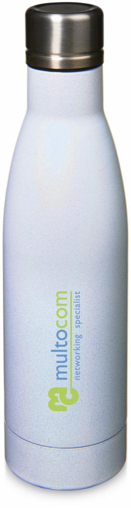 Biała, metalowa butelka termiczna z logo firmy Multocom, specjalizującej się w networkingu.