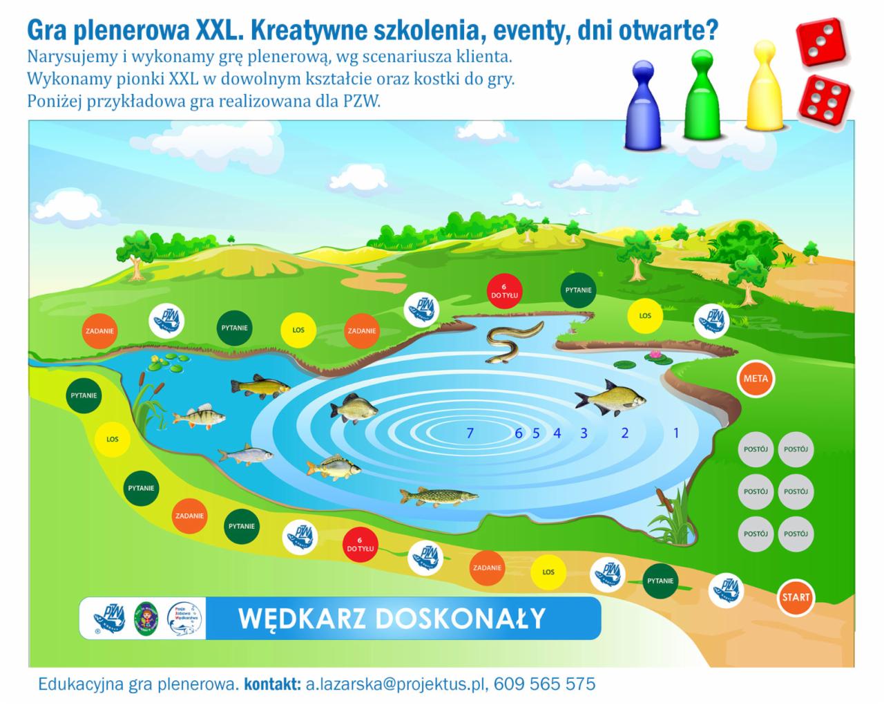 Projekt graficzny gry plenerowej XXL o tematyce wędkarskiej z pionkami, kostkami i polami z zadaniami, pytaniami i polami postoju.