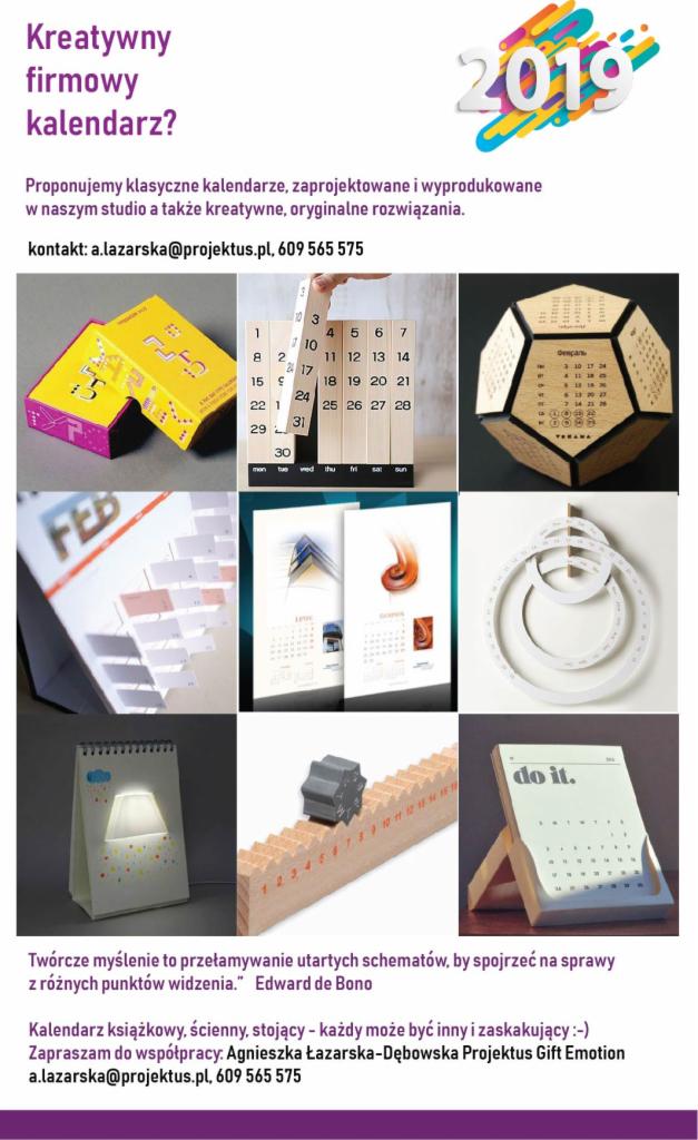 Kreatywne kalendarze firmowe: kostka, piramida, książka, z numeracją na drewnianych elementach, w formie grafiki reklamowej.