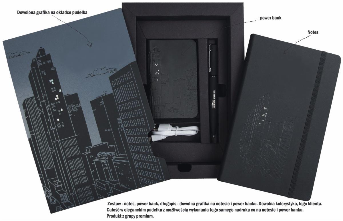 Zestaw prezentowy: czarny notes z tłoczonym motywem miasta, długopis, power bank i kabel USB, umieszczone w eleganckim, czarnym pudełku z grafiką miejską na okładce.