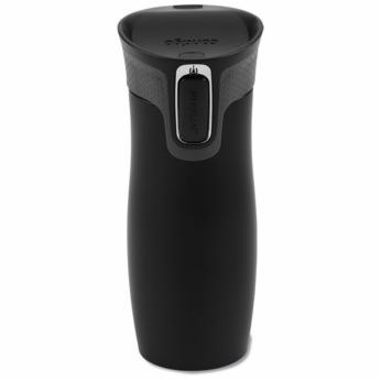 Czarny, metalowy kubek termiczny Contigo z szarym, teksturowanym uchwytem i przyciskiem blokady AutoSeal na tle białego tła.
