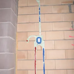 Świeżo zamontowana instalacja wodna z rurami oznaczonymi kolorami czerwonym i niebieskim, zabezpieczona pianką montażową w ścianie z cegły ceramicznej dziurawki.