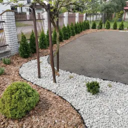 Aranżacja ogrodu z wysypaną korą, białym grysem i rzędem małych tuj wzdłuż ogrodzenia, z widoczną pergolą i przygotowanym podłożem pod trawnik.