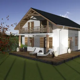 Wizualizacja domu jednorodzinnego z poddaszem, drewnianym wykończeniem i tarasem z leżakami, otoczonego zielenią i drzewem z brązowymi liśćmi.