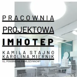 Wizualizacja biura projektowego IMHOTEP z białymi meblami, turkusowym akcentem kolorystycznym i dużym oknem.