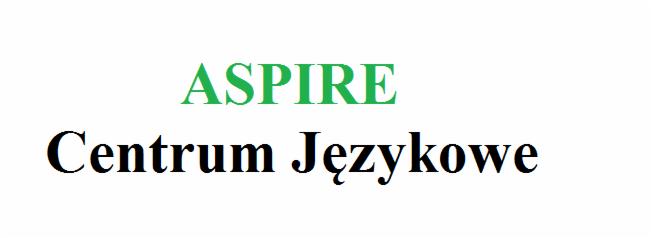 Logo centrum językowego: zielony napis 'ASPIRE' nad czarnym napisem 'Centrum Językowe' na białym tle.