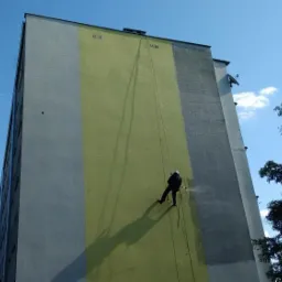 Pracownik na linach zabezpieczających czyści elewację wysokiego bloku, widoczny fragment zielonej ściany i pozostałe szare, niebieskie niebo z chmurami w tle.