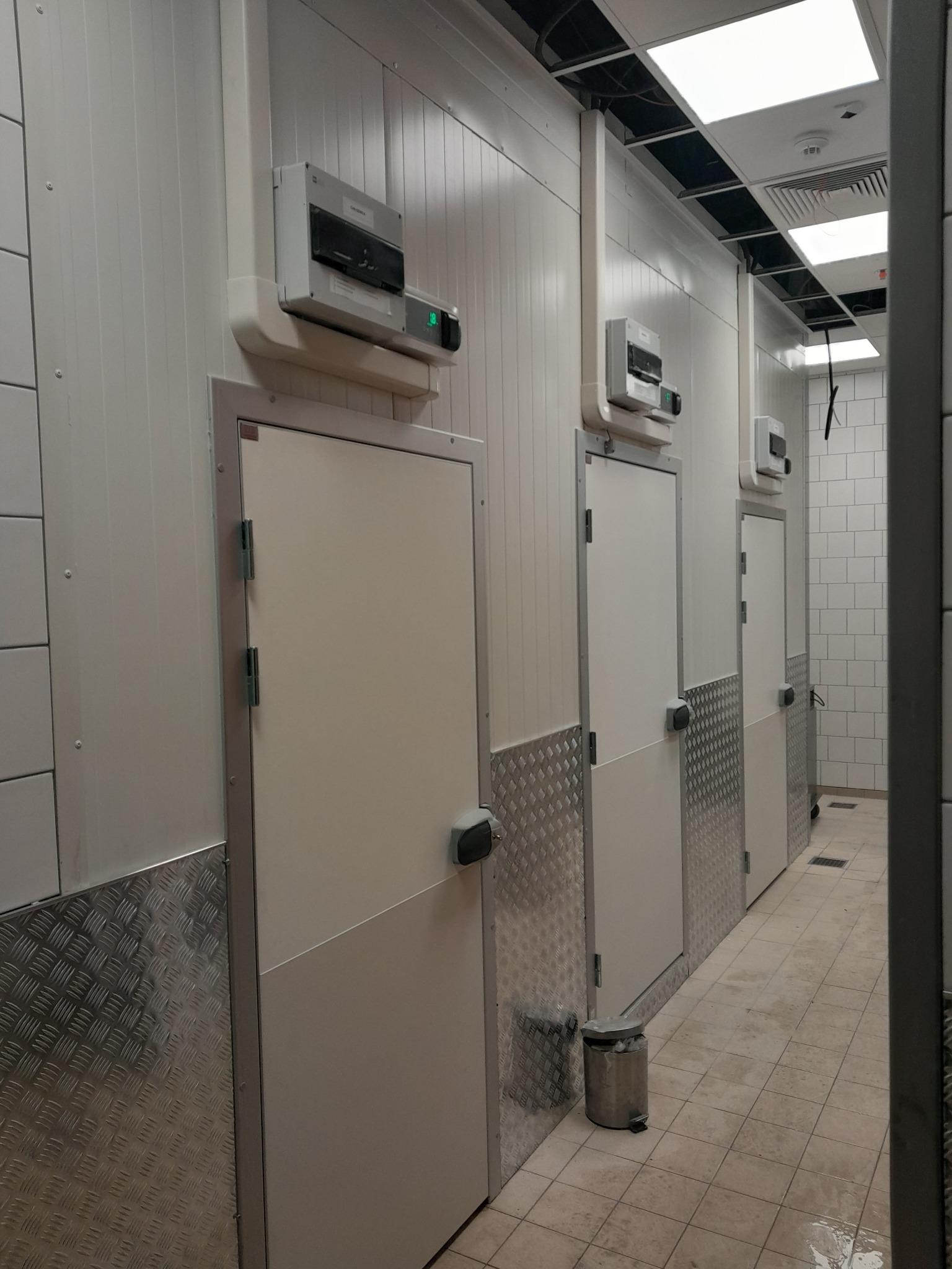 Wnętrze chłodni przemysłowej z rzędem białych drzwi i metalowym wykończeniem, widoczne panele kontrolne nad drzwiami i płytki podłogowe. Kosz na śmieci obok pierwszych drzwi.