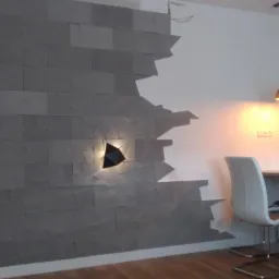 Dekoracyjna ściana z szarych paneli 3D z podświetleniem LED w kształcie trójkątów, widoczny fragment jadalni z wiszącymi lampami i wiertarką na stole.