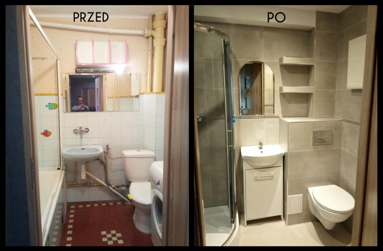 Zdjęcie 'przed i po' prezentujące remont łazienki: stara, biała armatura i kolorowe naklejki na kafelkach vs. nowoczesna, szara łazienka z kabiną prysznicową i podwieszaną toaletą.