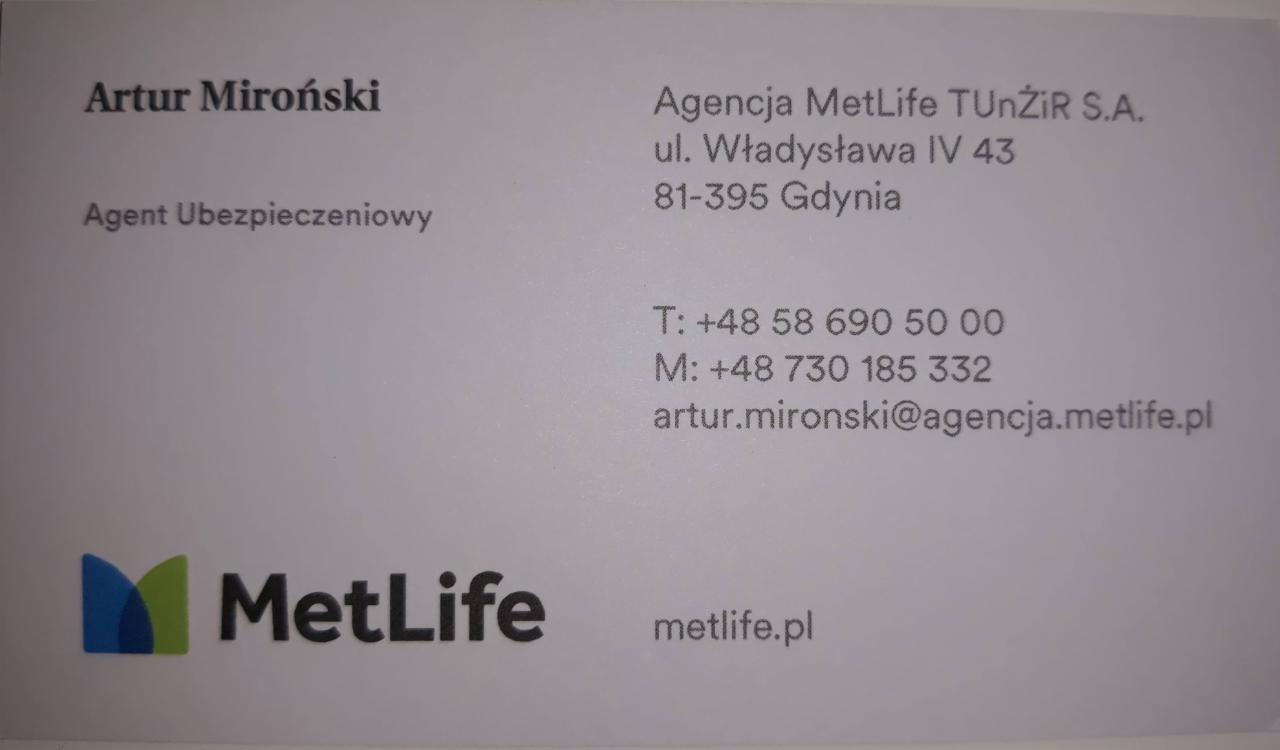 Wizytówka agenta ubezpieczeniowego Artur Miroński z Agencji MetLife TunŻiR S.A. w Gdyni, zawierająca dane kontaktowe i logo firmy.
