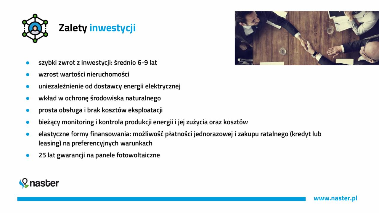 Infografika przedstawiająca zalety inwestycji w odnawialne źródła energii, w tym szybki zwrot, wzrost wartości nieruchomości, uniezależnienie od dostawców, wkład w ochronę środowiska, prosta...