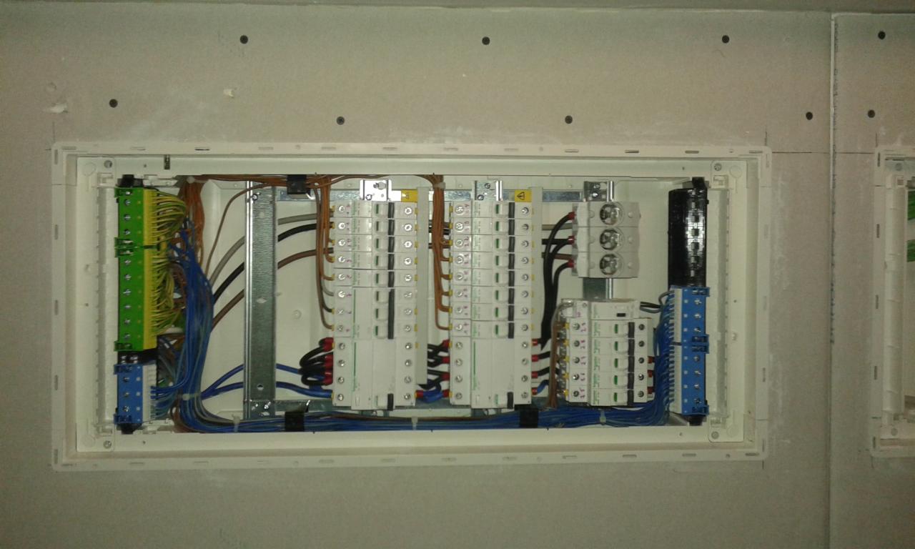 Otwarta skrzynka rozdzielcza z widocznymi bezpiecznikami, przewodami i listwami zaciskowymi, zamontowana w ścianie z płyt gipsowo-kartonowych.