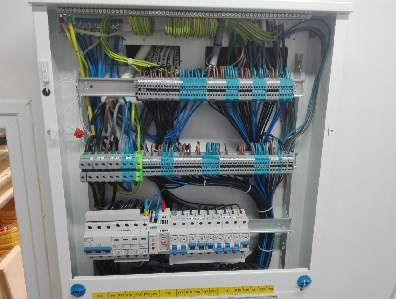 Rozdzielnia elektryczna w białej obudowie z widocznymi przewodami w różnych kolorach, listwami zaciskowymi i zabezpieczeniami, z naklejkami identyfikacyjnymi na dole.