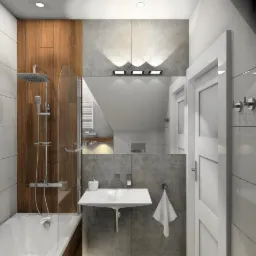 Nowoczesna łazienka z drewnianymi i szarymi panelami, białą wanną i umywalką, oświetleniem punktowym i szklaną kabiną prysznicową.