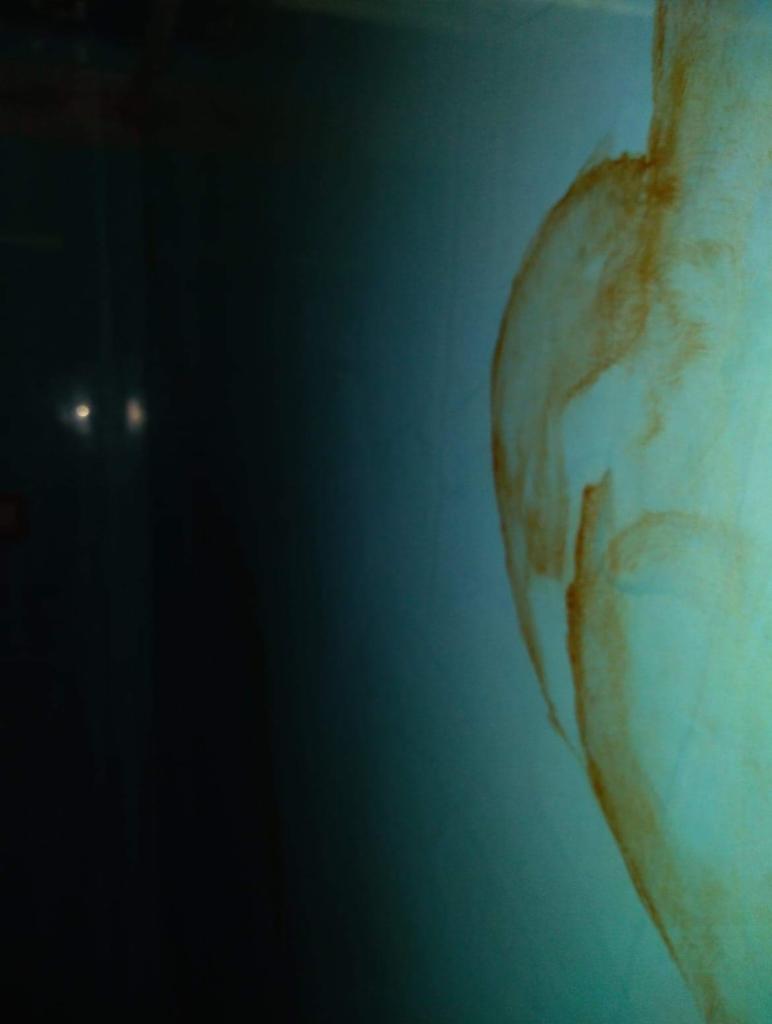 Ściana w trakcie malowania, widoczne niedokładne pociągnięcia pędzlem i plamy farby w odcieniach brązu na tle niebiesko-zielonej ściany, oświetlenie punktowe w lewym górnym rogu.