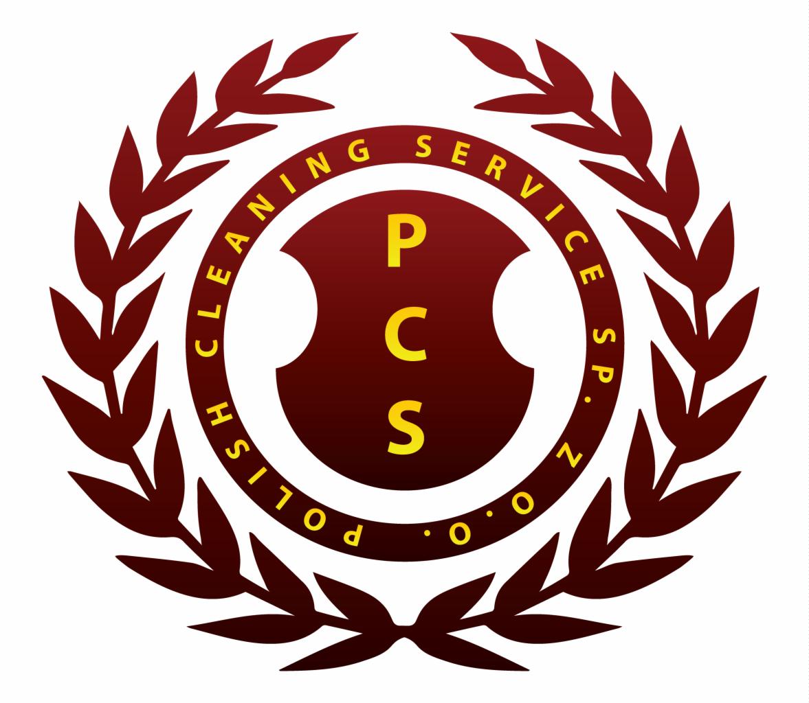 Logo firmy sprzątającej Polish Cleaning Service Sp. z o.o. z inicjałami PCS na tle bordowej tarczy otoczonej bordowym wieńcem z liści.