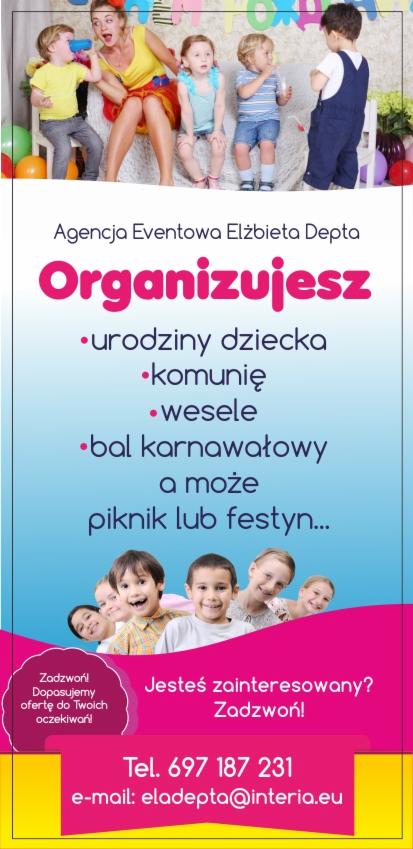 Plakat reklamowy z uśmiechniętą animatorką otoczoną przez dzieci na tle kolorowej dekoracji imprezowej, promujący organizację urodzin dziecka, komunii, wesel, bali karnawałowych i pikników.