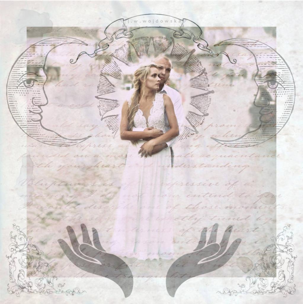 Para młoda w objęciach, kobieta w białej koronkowej sukni, mężczyzna w białej koszuli, na tle stylizowanym na vintage z elementami graficznymi księżyca i dłoni.