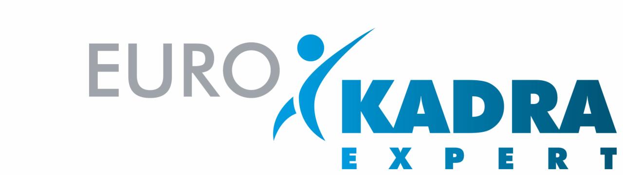 Logo firmy Euro Kadra Expert, z szarym napisem EURO, niebieską sylwetką człowieka w ruchu i niebieskim napisem KADRA EXPERT na białym tle.