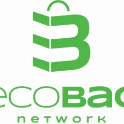Zielone logo firmy EcoBag Network z Przyprostyni, przedstawiające stylizowaną torbę na zakupy z elementami graficznymi.