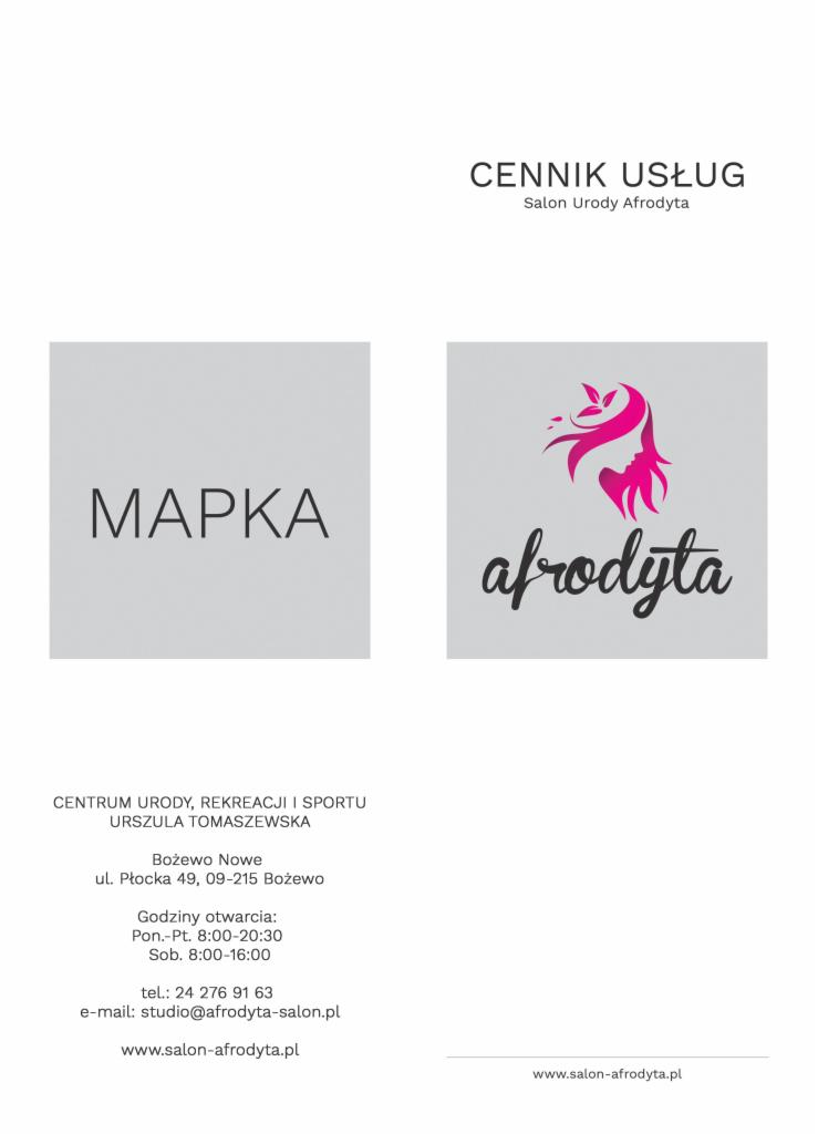 Cennik usług salonu urody Afrodyta z Bożewa, prezentujący logo z stylizowaną kobiecą sylwetką i dane kontaktowe.