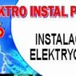 Logo firmy Elektro Instal Plus z napisem INSTALACJE ELEKTRYCZNE, stylizowane na instalację elektryczną z błyskawicami.