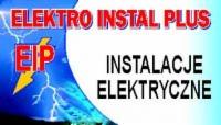 Logo firmy Elektro Instal Plus z napisem INSTALACJE ELEKTRYCZNE, stylizowane na instalację elektryczną z błyskawicami.