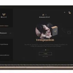 Laptop wyświetla czarno-złotą stronę internetową sklepu erotycznego Releve.pl, z motywem 'Temptation' i wizerunkiem pary w intymnej scenie.