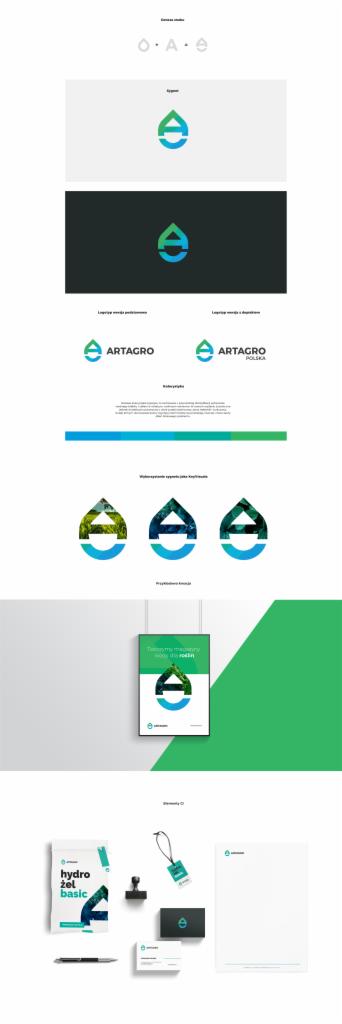 Prezentacja identyfikacji wizualnej firmy Artagro Polska, obejmująca logo w różnych wariantach kolorystycznych, wizytówki, papier firmowy, opakowanie produktu hydrożel basic, zawieszkę...
