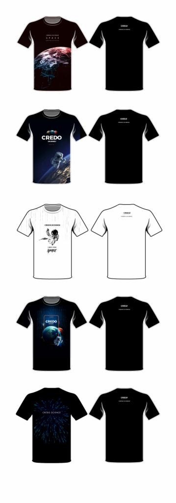 Projekt graficzny koszulek z motywami kosmicznymi dla Credo Science, prezentujący wizualizacje planet, astronautów i gwiazd na białym i czarnym tle.