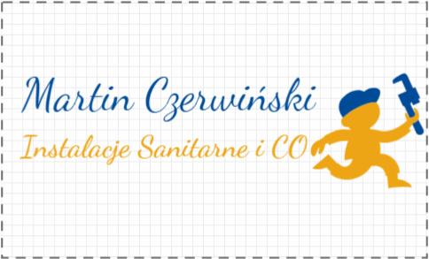 Logo firmy instalacyjnej: niebieski napis 'Martin Czerwiński', pod nim złoty napis 'Instalacje Sanitarne i CO', obok złoty rysunek hydraulika biegnącego z kluczem francuskim na tle kratki.
