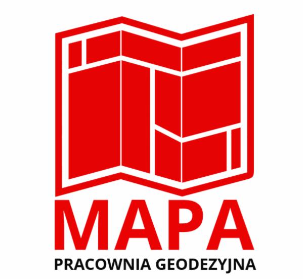 Czerwone logo pracowni geodezyjnej z geometrycznym symbolem mapy na białym tle.