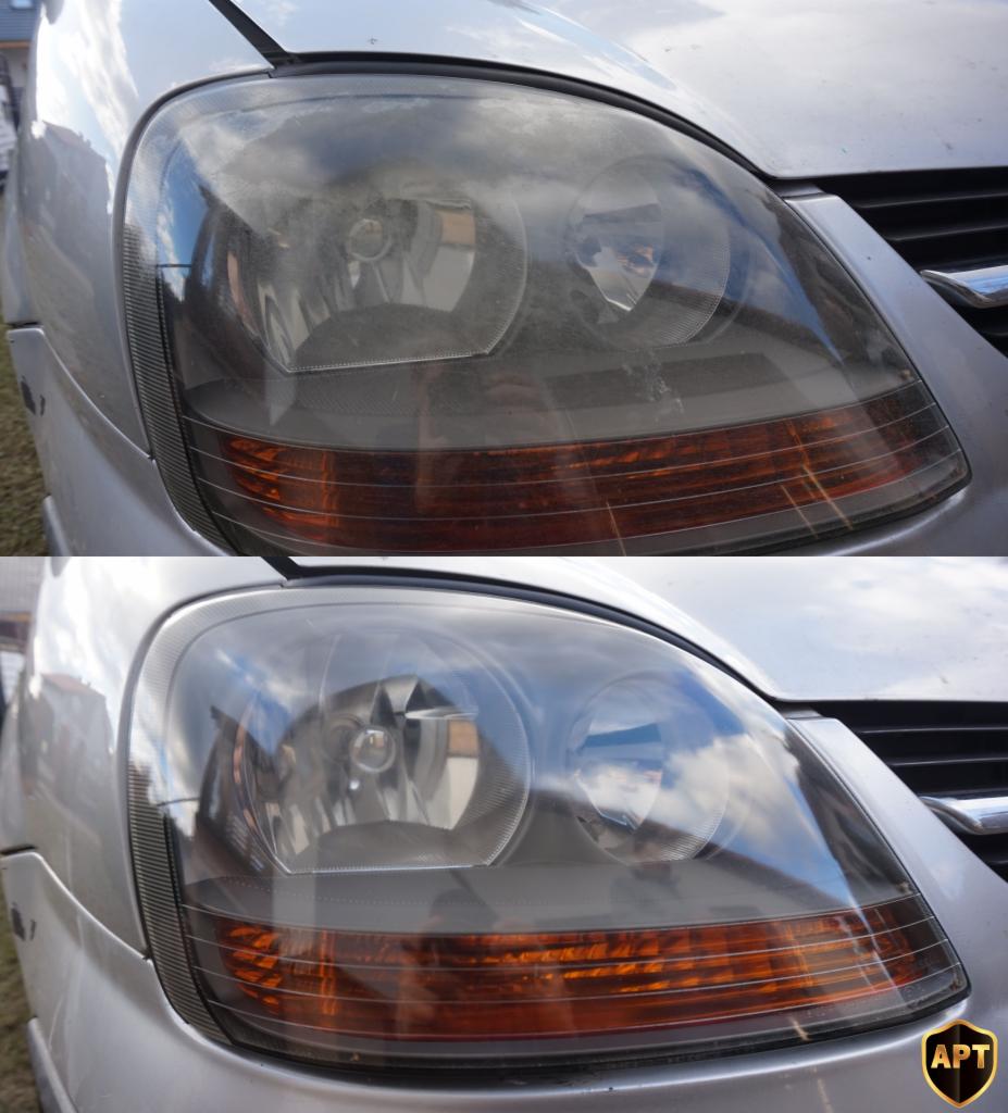 Reflektor samochodowy przed i po czyszczeniu, widoczna wyraźna różnica w przejrzystości szkła, srebrny lakier karoserii