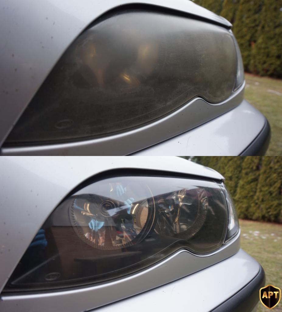 Reflektor samochodowy przed i po renowacji, widoczna różnica w przejrzystości klosza