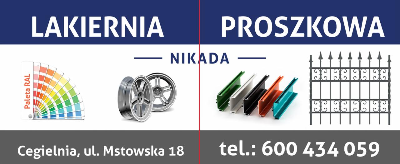 Baner reklamowy firmy z paletą kolorów RAL, felgami samochodowymi, profilami aluminiowymi w różnych kolorach oraz ozdobnym ogrodzeniem.