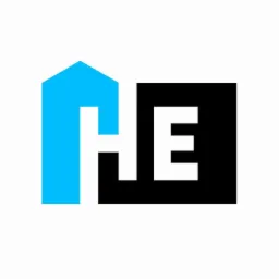 Abstrakcyjne logo z niebieskim zarysem domu i czarnym kwadratem zawierającym białą literę 'E'.